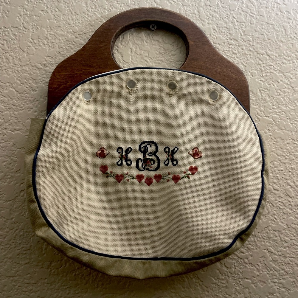 Embroidered Vintage Purse with a Wooden Handle